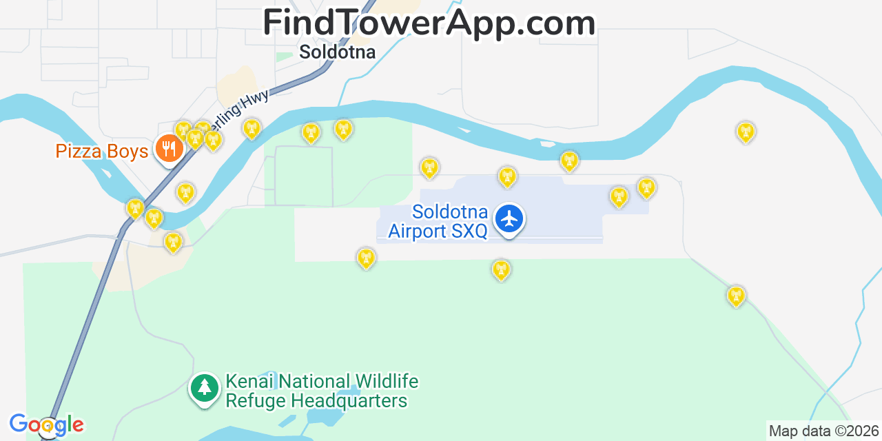 Map showing the 20 primary cell tower locations detected in Ridgeway, Alaska from AT&T, Verizon, and T-Mobile networks