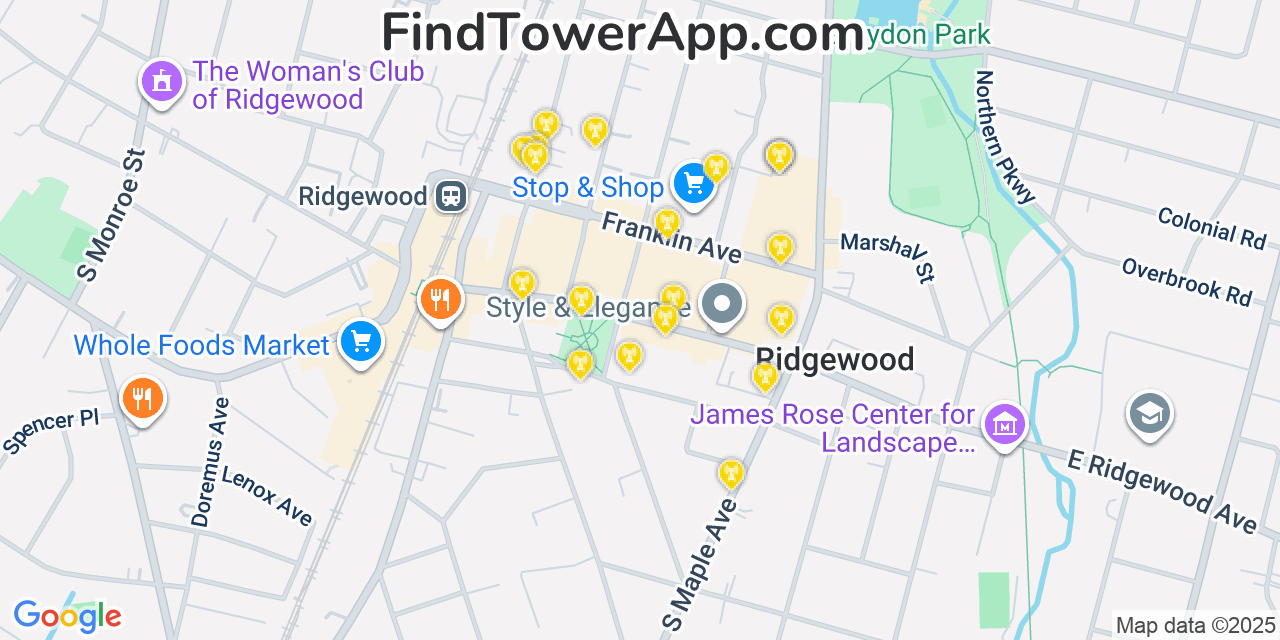 Map showing the 20 primary cell tower locations detected in Ridgewood, New Jersey from AT&T, Verizon, and T-Mobile networks