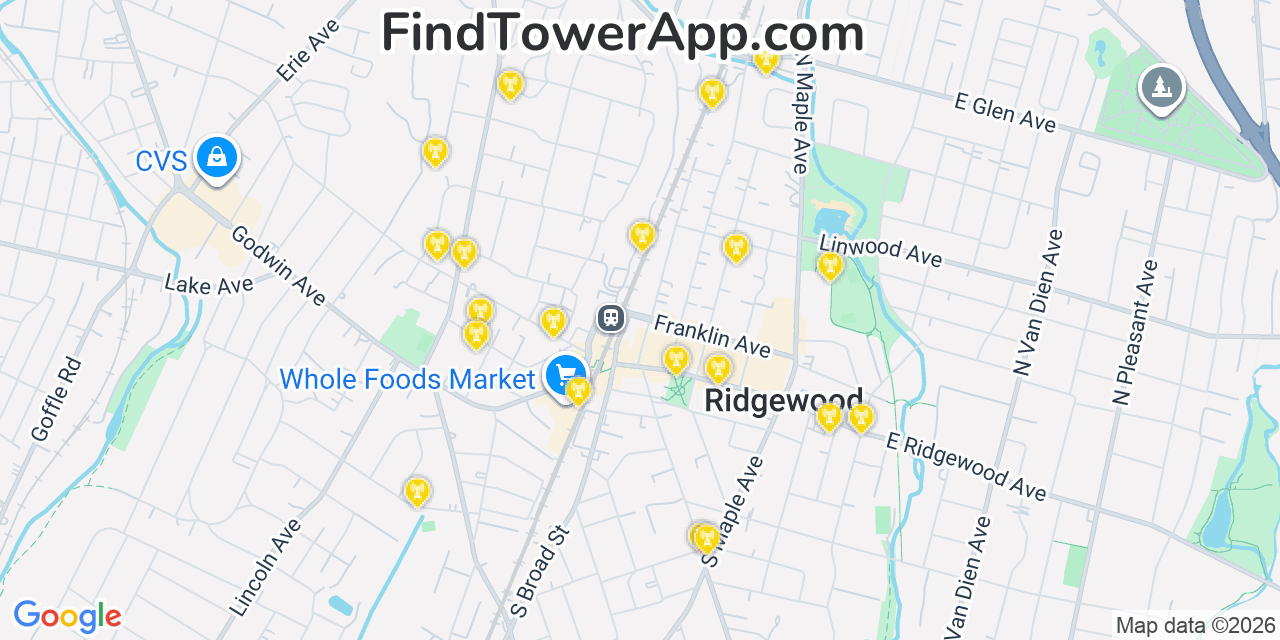 Map showing the 20 primary cell tower locations detected in Ridgewood, New Jersey from AT&T, Verizon, and T-Mobile networks