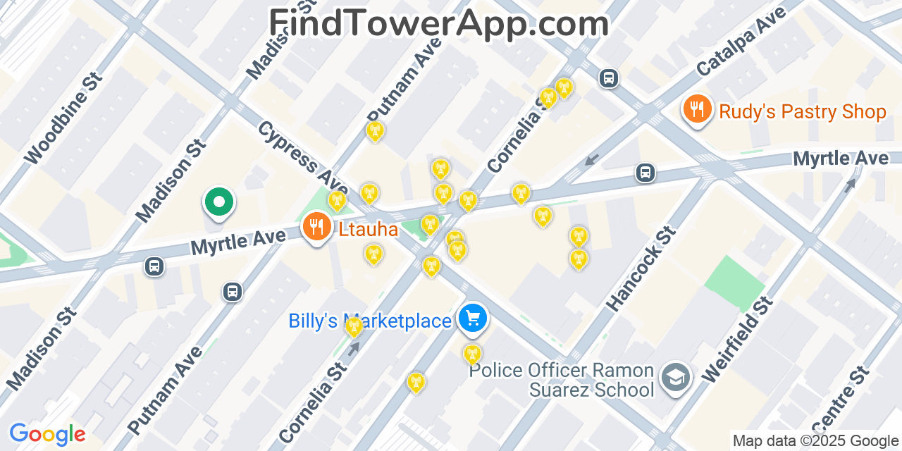 Map showing the 20 primary cell tower locations detected in Ridgewood, New York from AT&T, Verizon, and T-Mobile networks