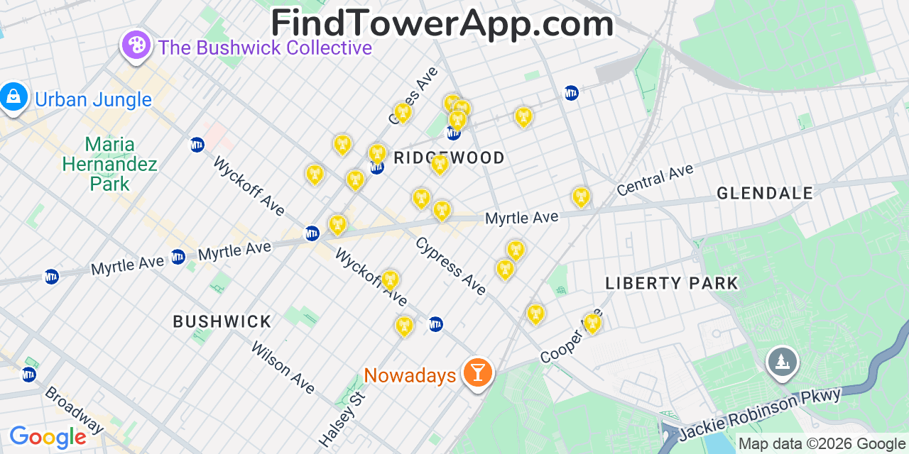 Map showing the 20 primary cell tower locations detected in Ridgewood, New York from AT&T, Verizon, and T-Mobile networks