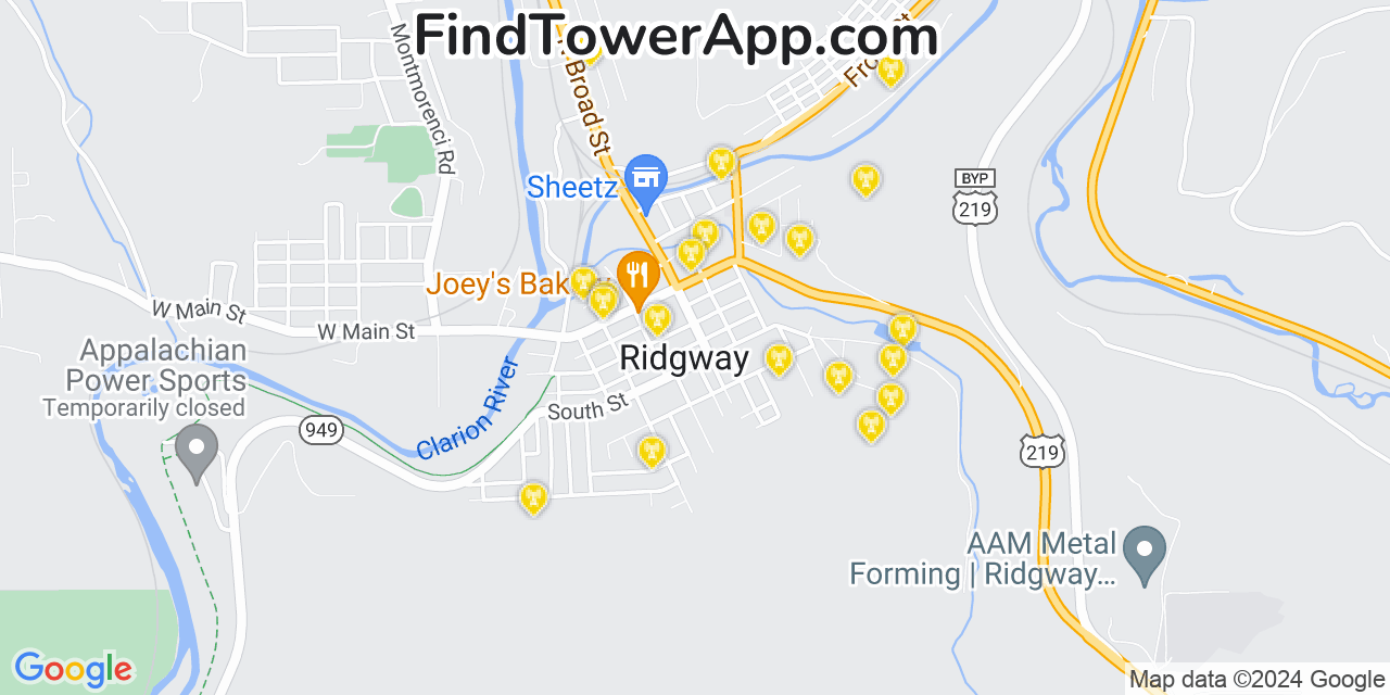 AT&T 4G/5G cell tower coverage map Ridgway, Pennsylvania