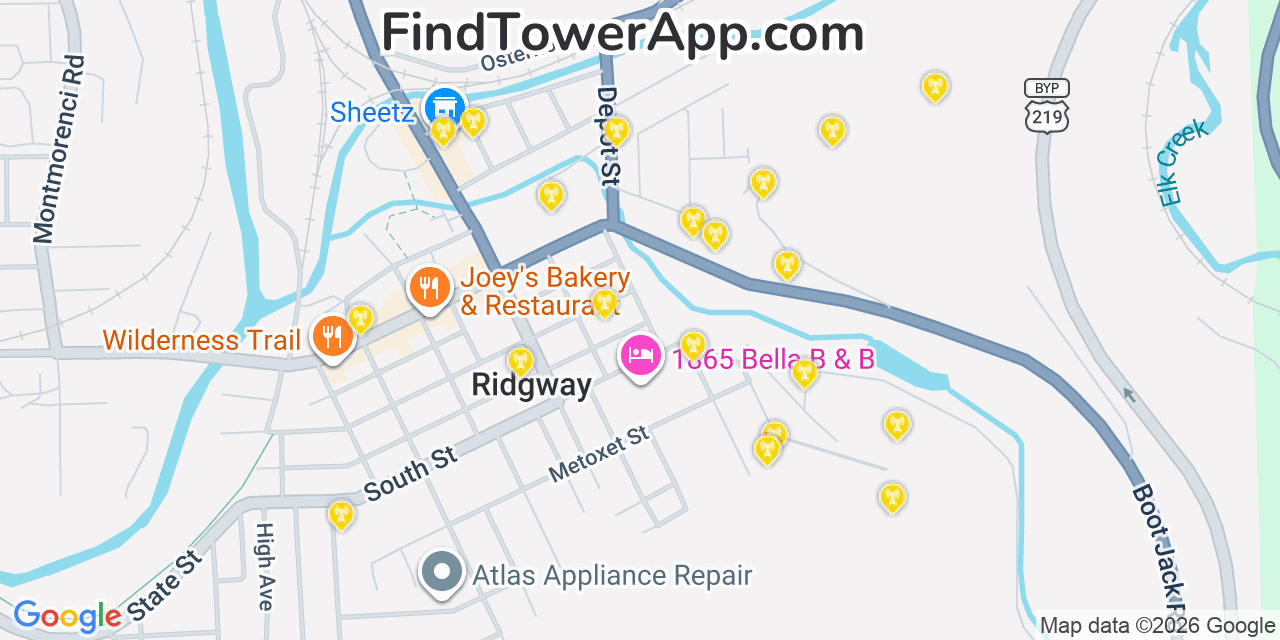 Map showing the 20 primary cell tower locations detected in Ridgway, Pennsylvania from AT&T, Verizon, and T-Mobile networks