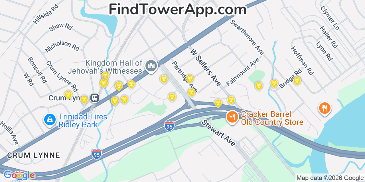 Map showing the 20 primary cell tower locations detected in Ridley Park, Pennsylvania from AT&T, Verizon, and T-Mobile networks
