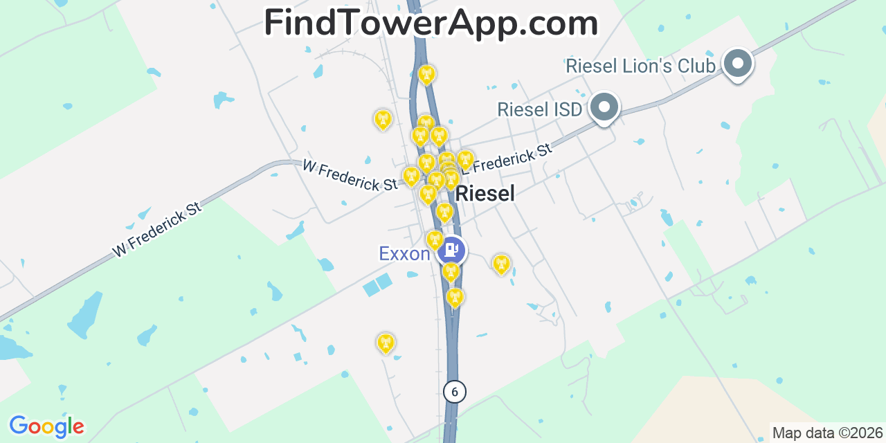 Map showing the 20 primary cell tower locations detected in Riesel, Texas from AT&T, Verizon, and T-Mobile networks