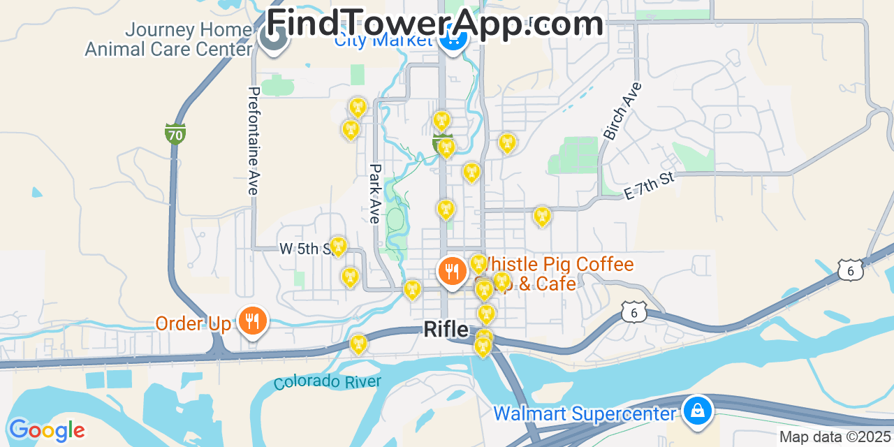 Map showing the 20 primary cell tower locations detected in Rifle, Colorado from AT&T, Verizon, and T-Mobile networks