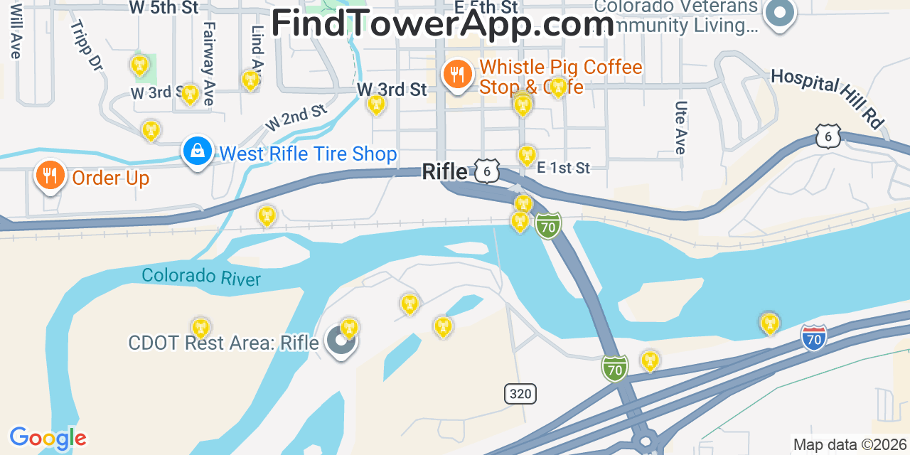 Map showing the 20 primary cell tower locations detected in Rifle, Colorado from AT&T, Verizon, and T-Mobile networks