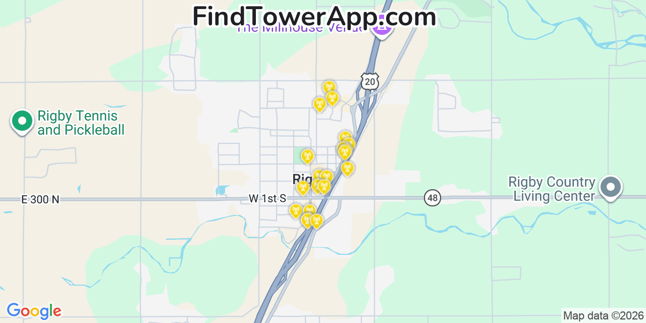 Map showing the 20 primary cell tower locations detected in Rigby, Idaho from AT&T, Verizon, and T-Mobile networks