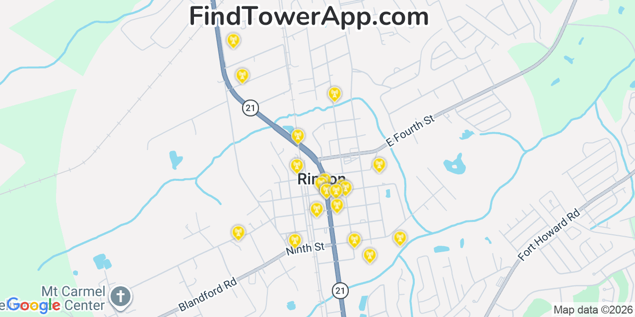 Map showing the 20 primary cell tower locations detected in Rincon, Georgia from AT&T, Verizon, and T-Mobile networks