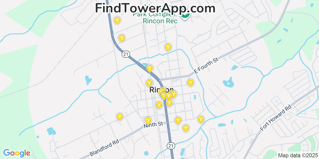 Map showing the 20 primary Mobitel cell tower locations detected in Rincon, Georgia with coverage radius and signal strength indicators