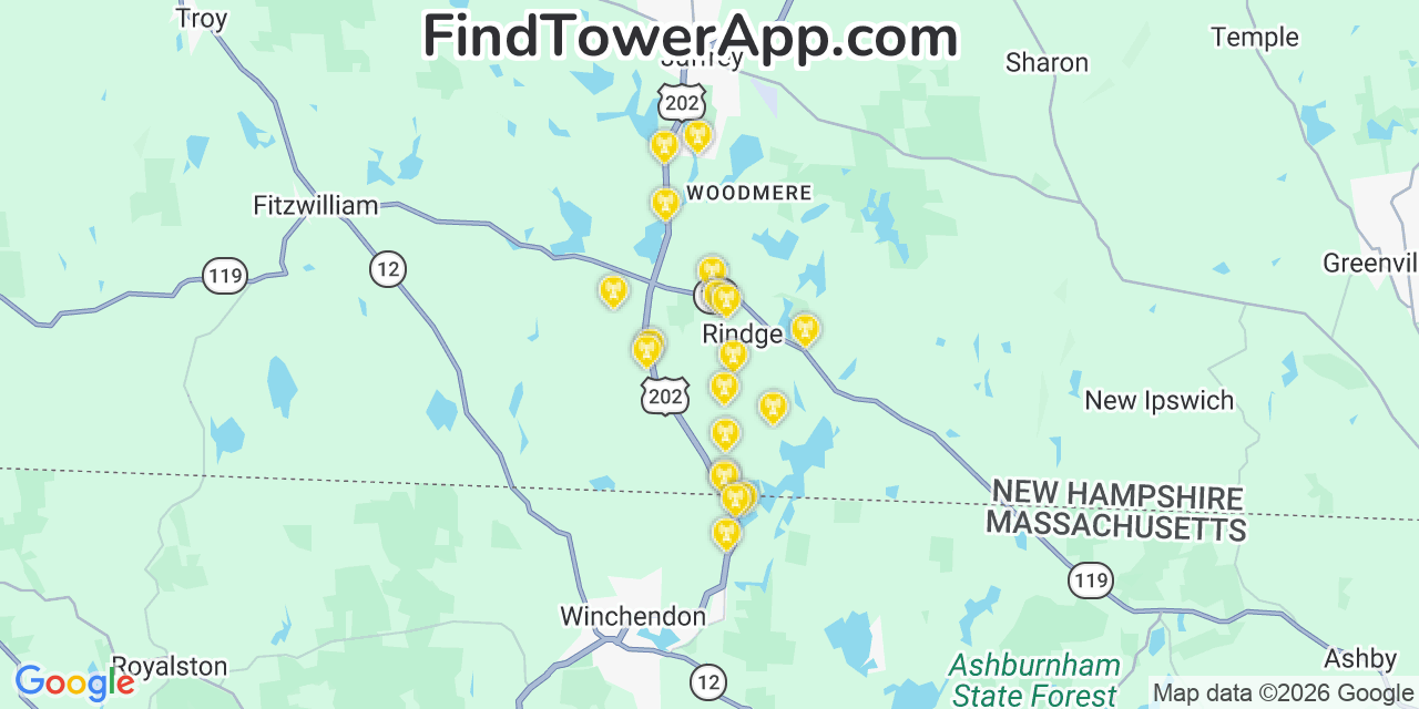 Map showing the 20 primary cell tower locations detected in Rindge, New Hampshire from AT&T, Verizon, and T-Mobile networks