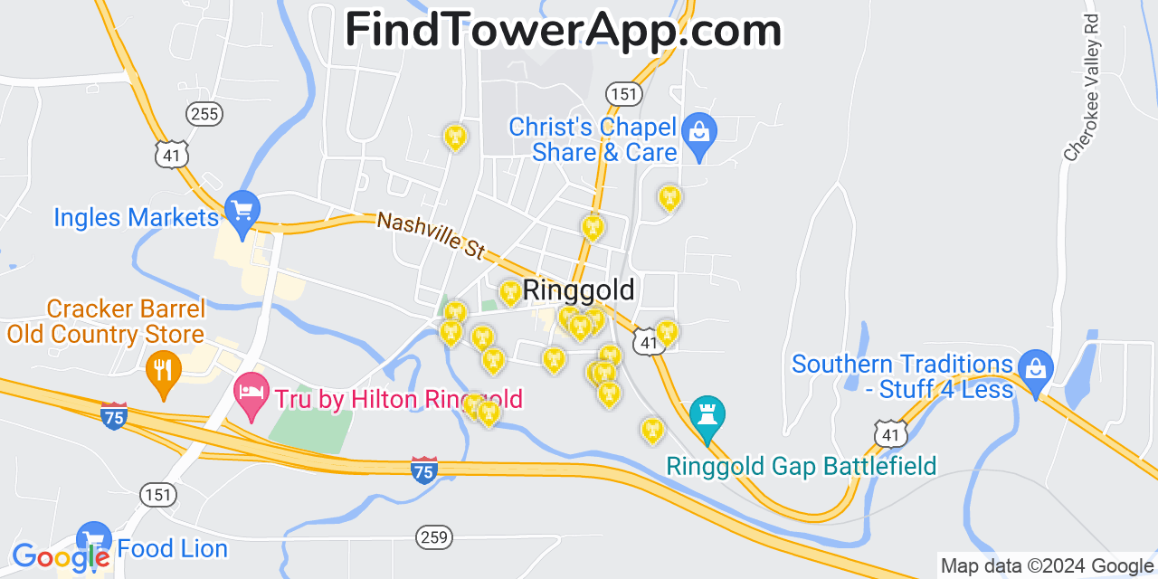 AT&T 4G/5G cell tower coverage map Ringgold, Georgia