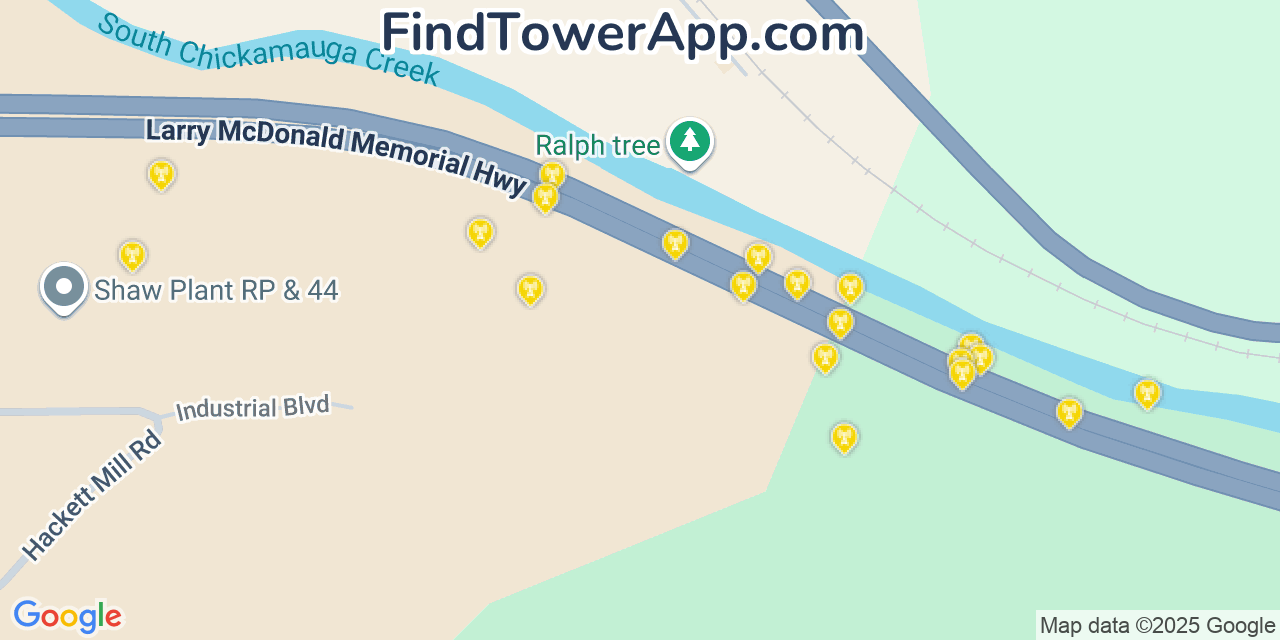 Map showing the 20 primary Mobitel cell tower locations detected in Ringgold, Georgia with coverage radius and signal strength indicators