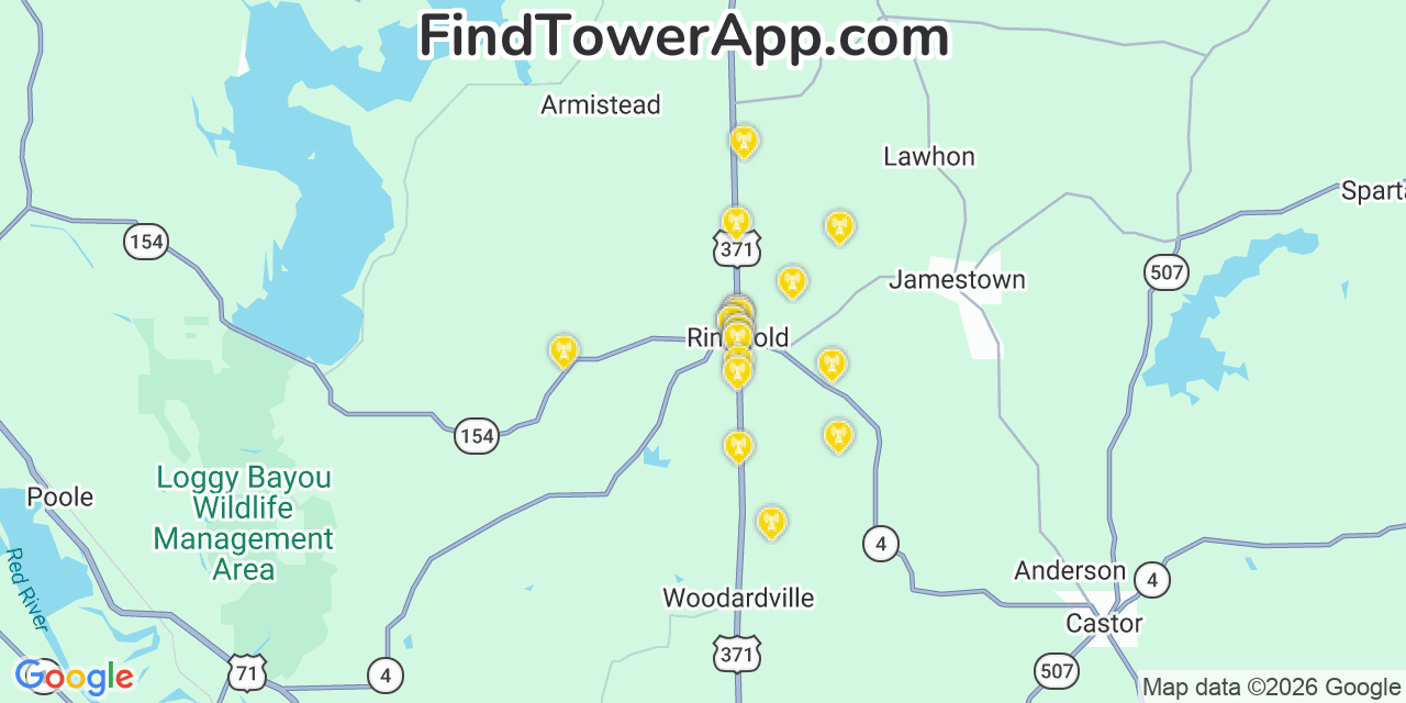 Map showing the 20 primary cell tower locations detected in Ringgold, Louisiana from AT&T, Verizon, and T-Mobile networks