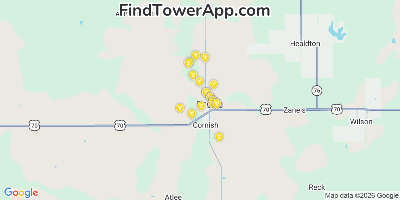 Map showing the 20 primary cell tower locations detected in Ringling, Oklahoma from AT&T, Verizon, and T-Mobile networks