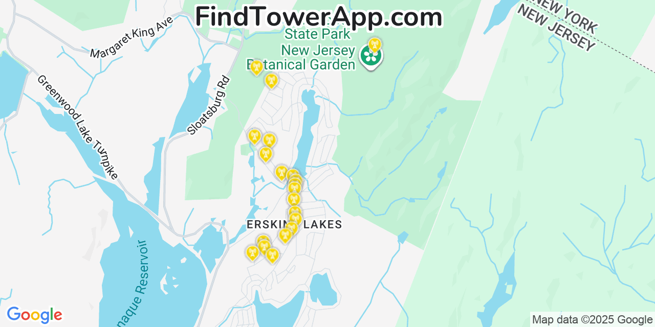 Map showing the 20 primary cell tower locations detected in Ringwood, New Jersey from AT&T, Verizon, and T-Mobile networks