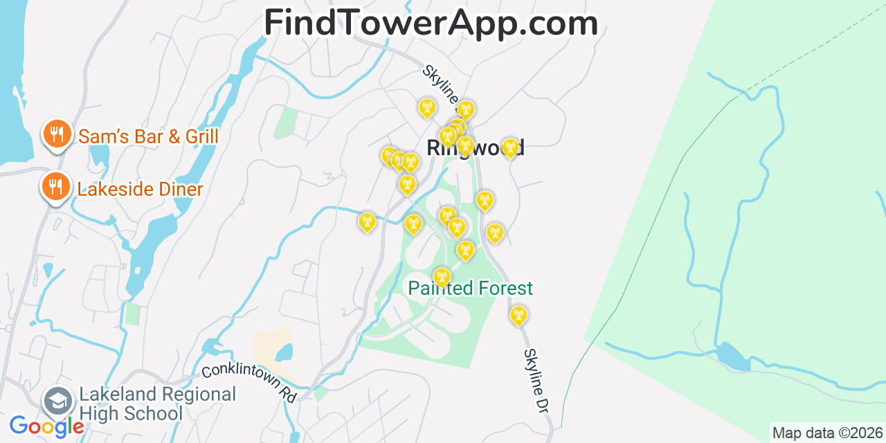 Map showing the 20 primary cell tower locations detected in Ringwood, New Jersey from AT&T, Verizon, and T-Mobile networks