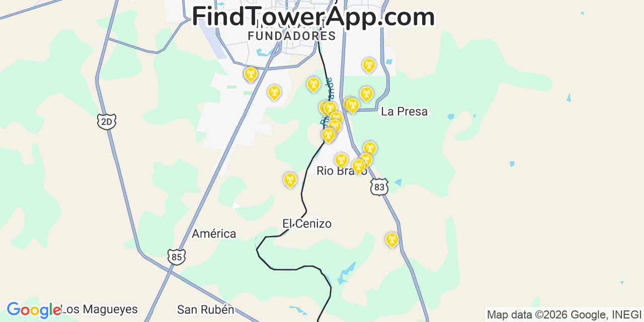 Map showing the 20 primary cell tower locations detected in Rio Bravo, Texas from AT&T, Verizon, and T-Mobile networks