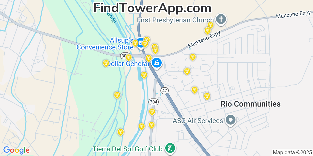 Map showing the 20 primary cell tower locations detected in Rio Communities, New Mexico from AT&T, Verizon, and T-Mobile networks