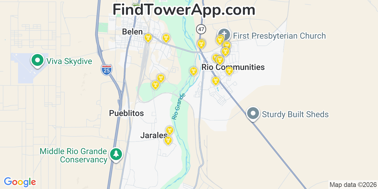 Map showing the 20 primary cell tower locations detected in Rio Communities, New Mexico from AT&T, Verizon, and T-Mobile networks