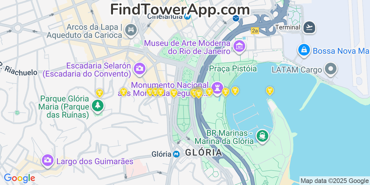 Map showing the 20 primary cell tower locations detected in Rio De Janeiro, Brazil with coverage areas and signal strength