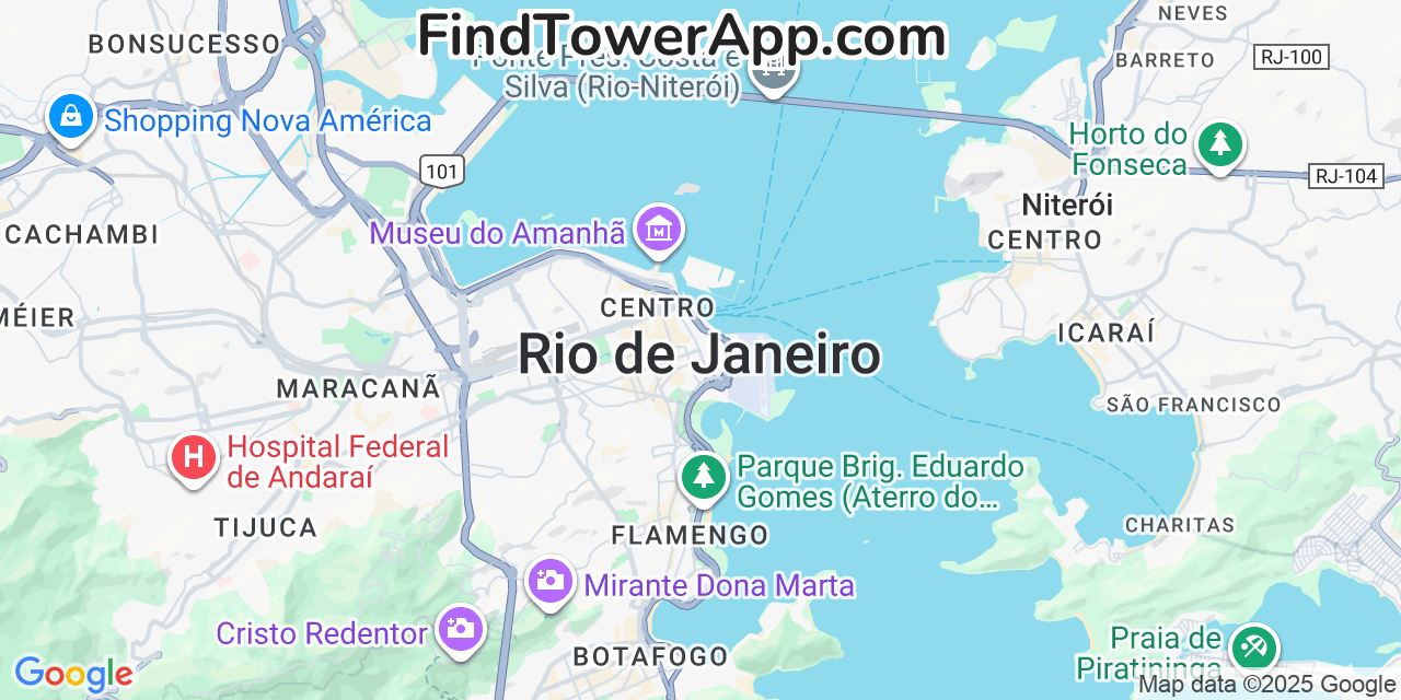 Map showing the 0 primary TIM cell tower locations detected in Rio De Janeiro, Brazil with coverage radius and signal strength indicators