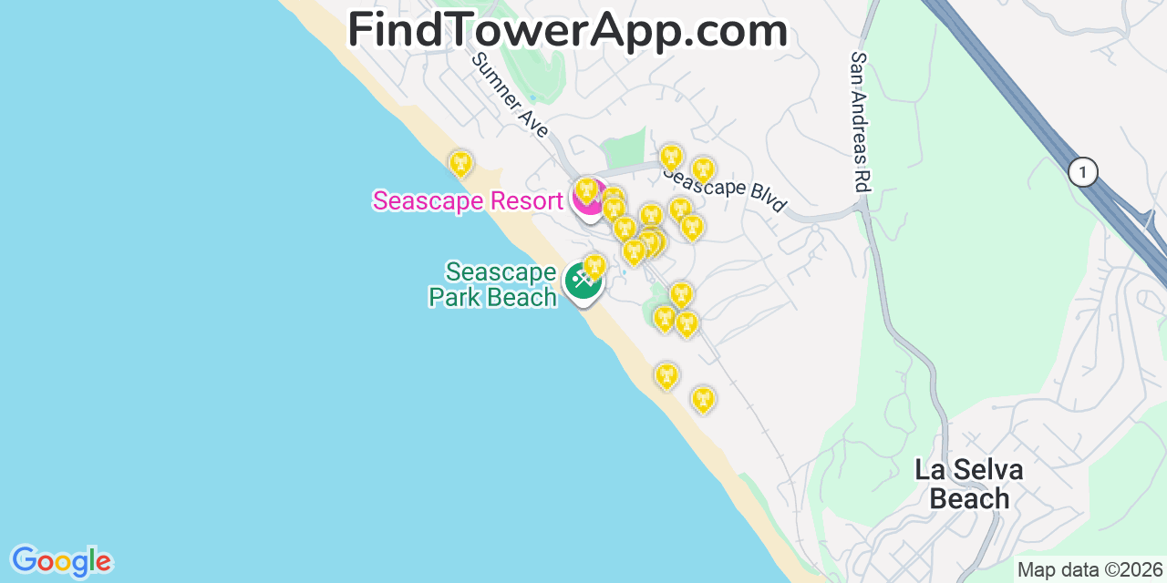 Map showing the 20 primary cell tower locations detected in Rio Del Mar, California from AT&T, Verizon, and T-Mobile networks