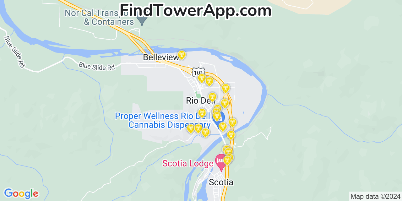 AT&T 4G/5G cell tower coverage map Rio Dell, California