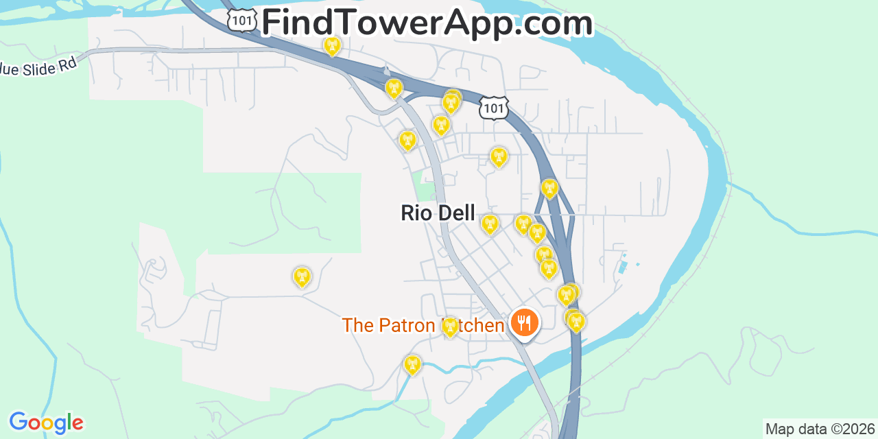 Map showing the 20 primary cell tower locations detected in Rio Dell, California from AT&T, Verizon, and T-Mobile networks