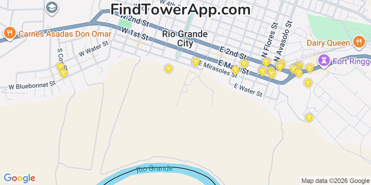 Map showing the 20 primary cell tower locations detected in Rio Grande City, Texas from AT&T, Verizon, and T-Mobile networks