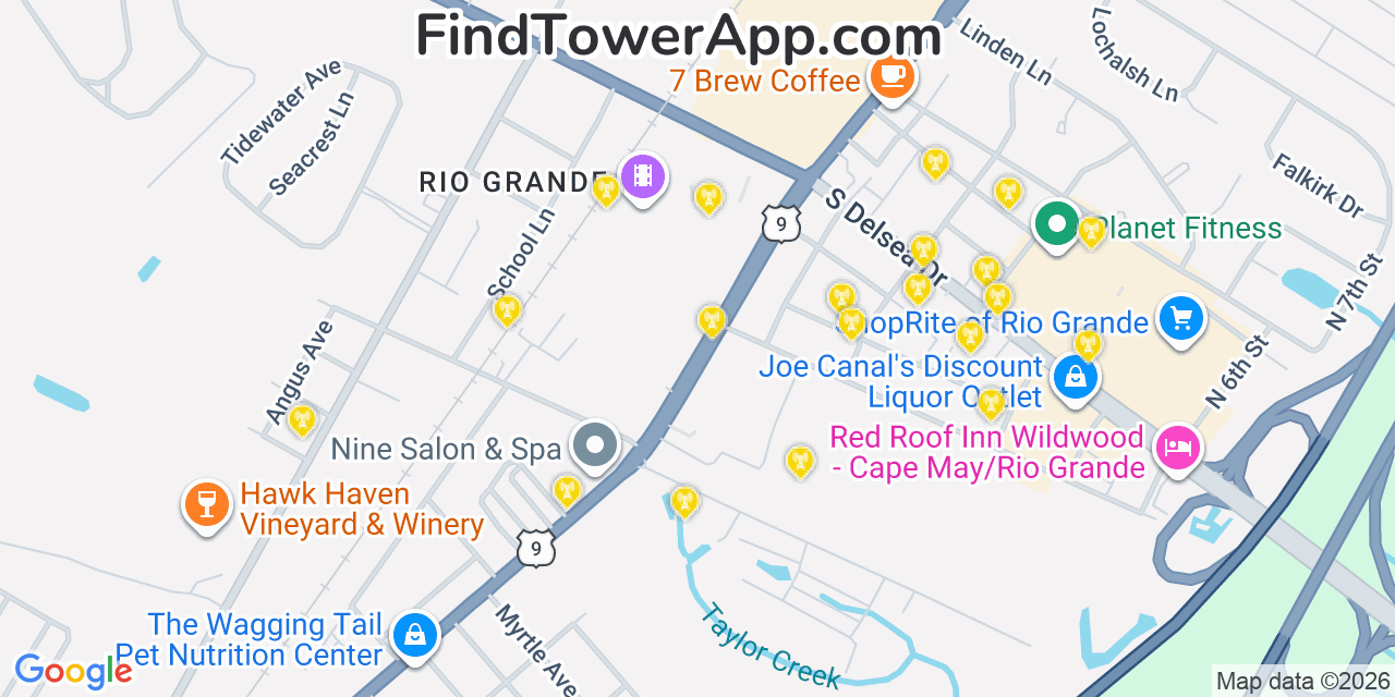 Map showing the 20 primary cell tower locations detected in Rio Grande, New Jersey from AT&T, Verizon, and T-Mobile networks
