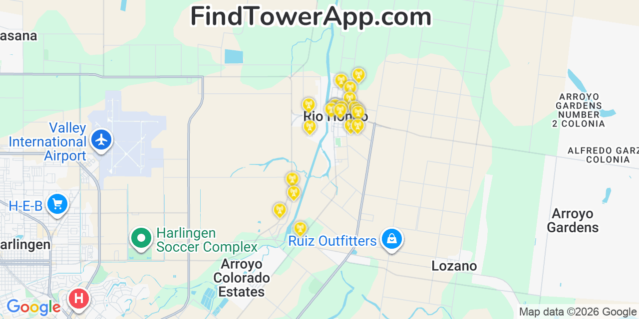 Map showing the 20 primary cell tower locations detected in Rio Hondo, Texas from AT&T, Verizon, and T-Mobile networks