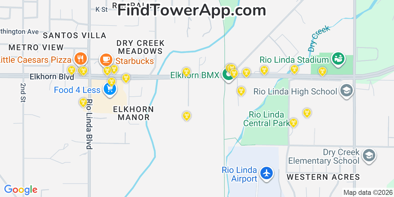 Map showing the 20 primary cell tower locations detected in Rio Linda, California from AT&T, Verizon, and T-Mobile networks