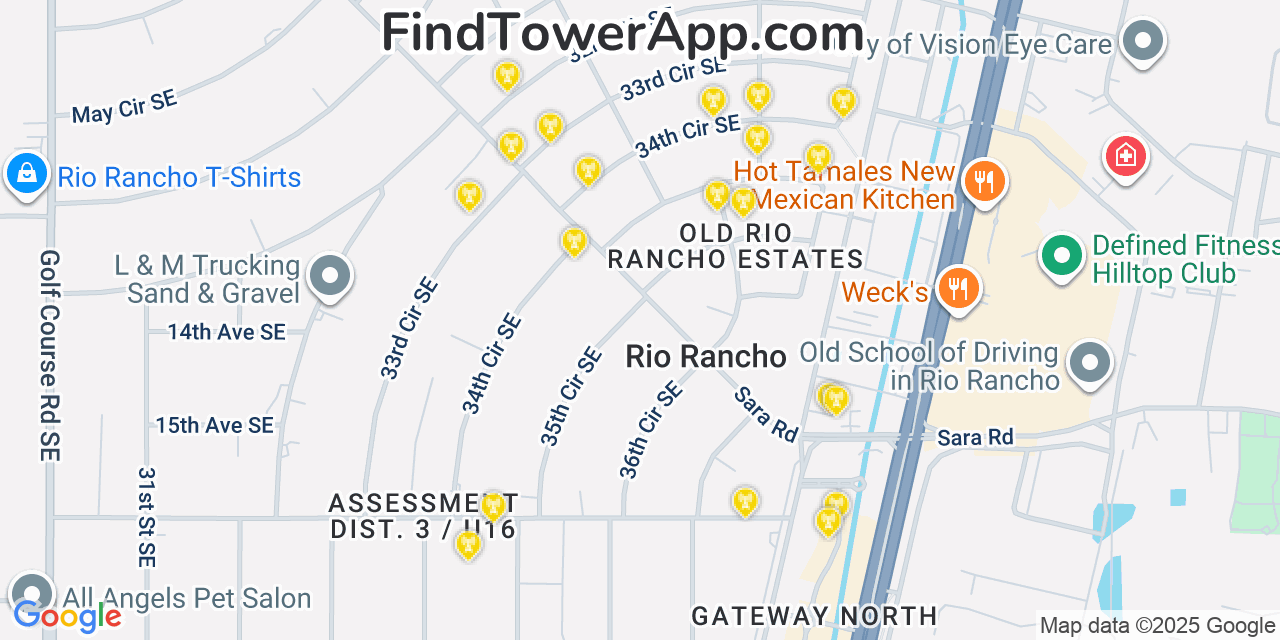 Map showing the 20 primary cell tower locations detected in Rio Rancho, New Mexico from AT&T, Verizon, and T-Mobile networks