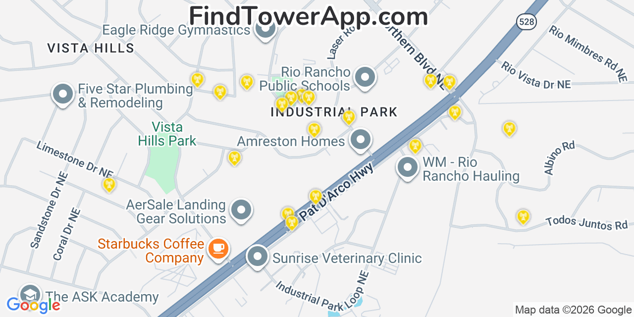 Map showing the 20 primary cell tower locations detected in Rio Rancho, New Mexico from AT&T, Verizon, and T-Mobile networks