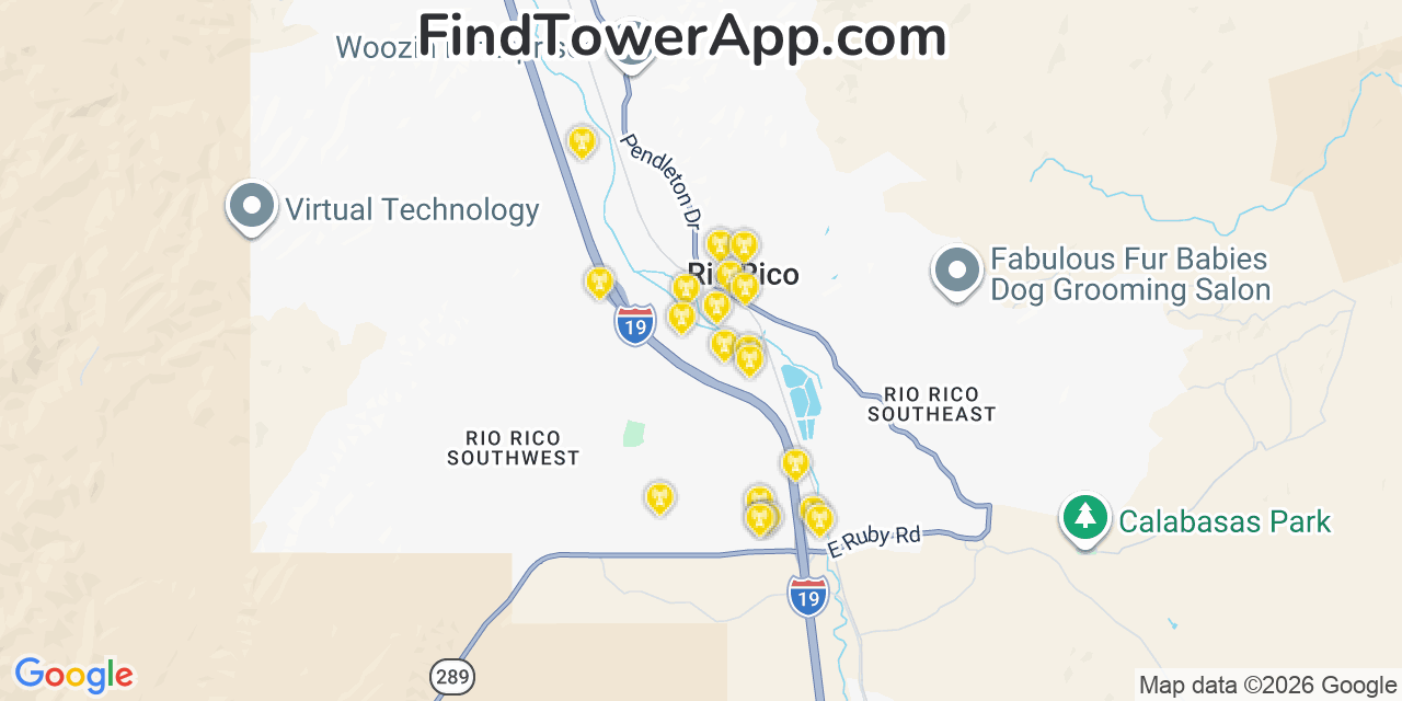 Map showing the 20 primary cell tower locations detected in Rio Rico, Arizona from AT&T, Verizon, and T-Mobile networks