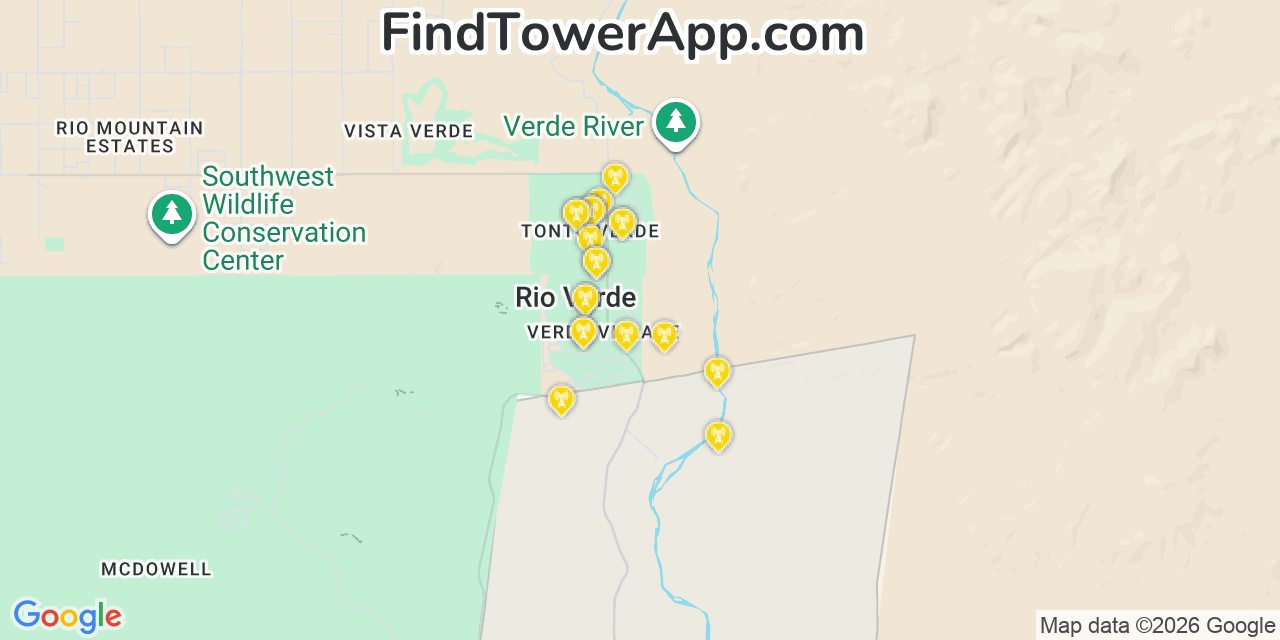 Map showing the 20 primary cell tower locations detected in Rio Verde, Arizona from AT&T, Verizon, and T-Mobile networks