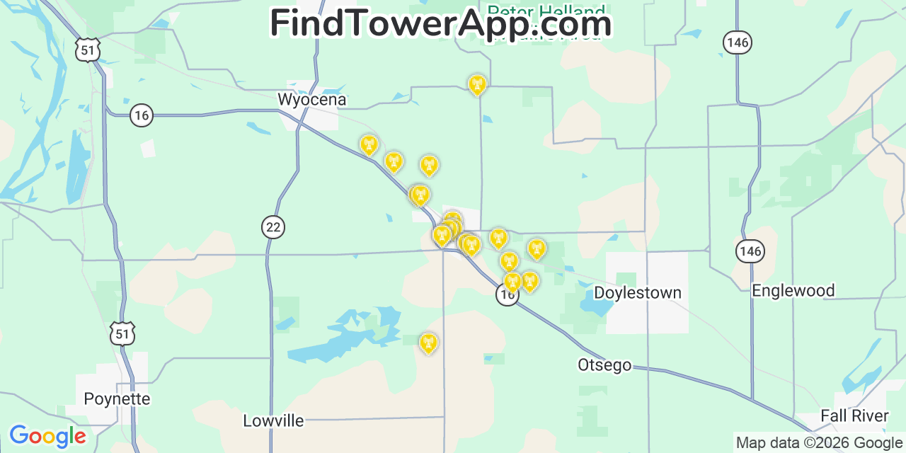 Map showing the 20 primary cell tower locations detected in Rio, Wisconsin from AT&T, Verizon, and T-Mobile networks