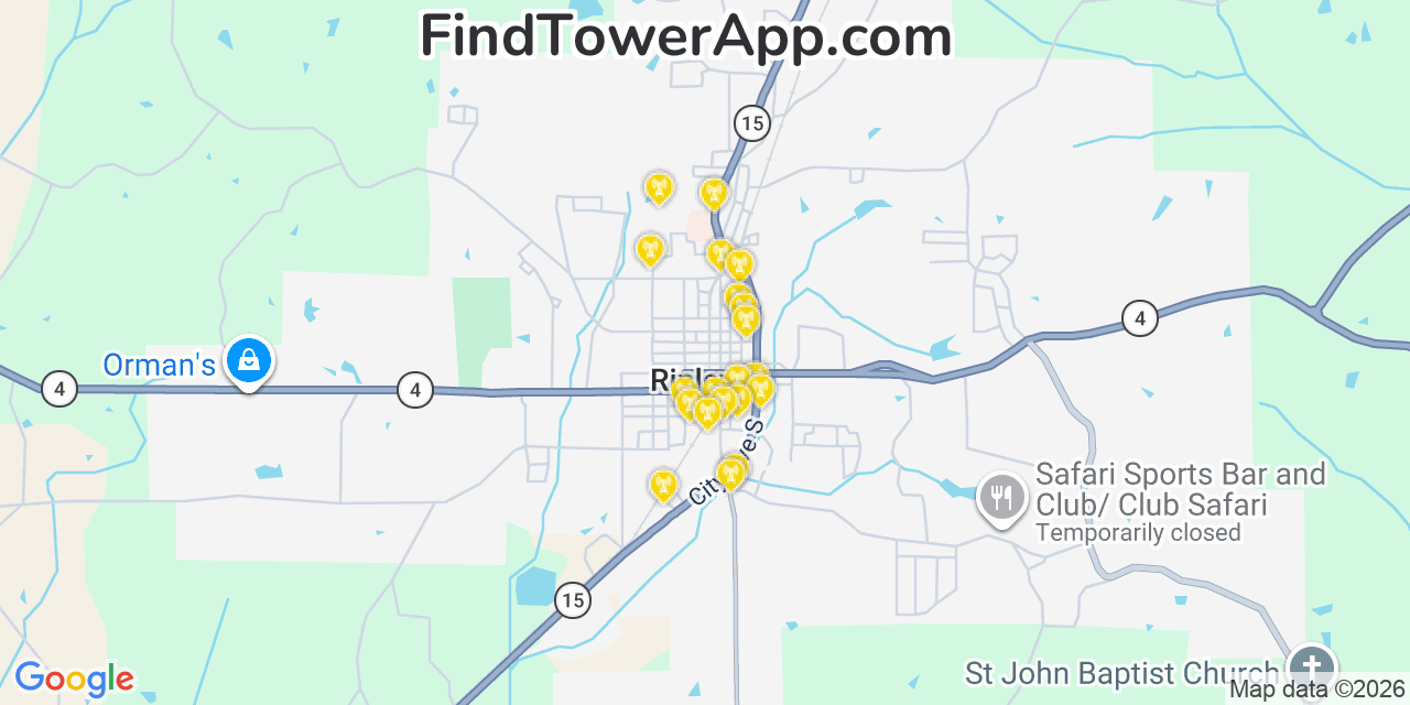 Map showing the 20 primary cell tower locations detected in Ripley, Mississippi from AT&T, Verizon, and T-Mobile networks