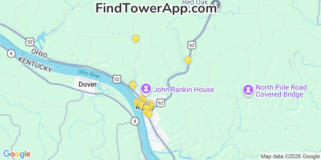Map showing the 20 primary cell tower locations detected in Ripley, Ohio from AT&T, Verizon, and T-Mobile networks