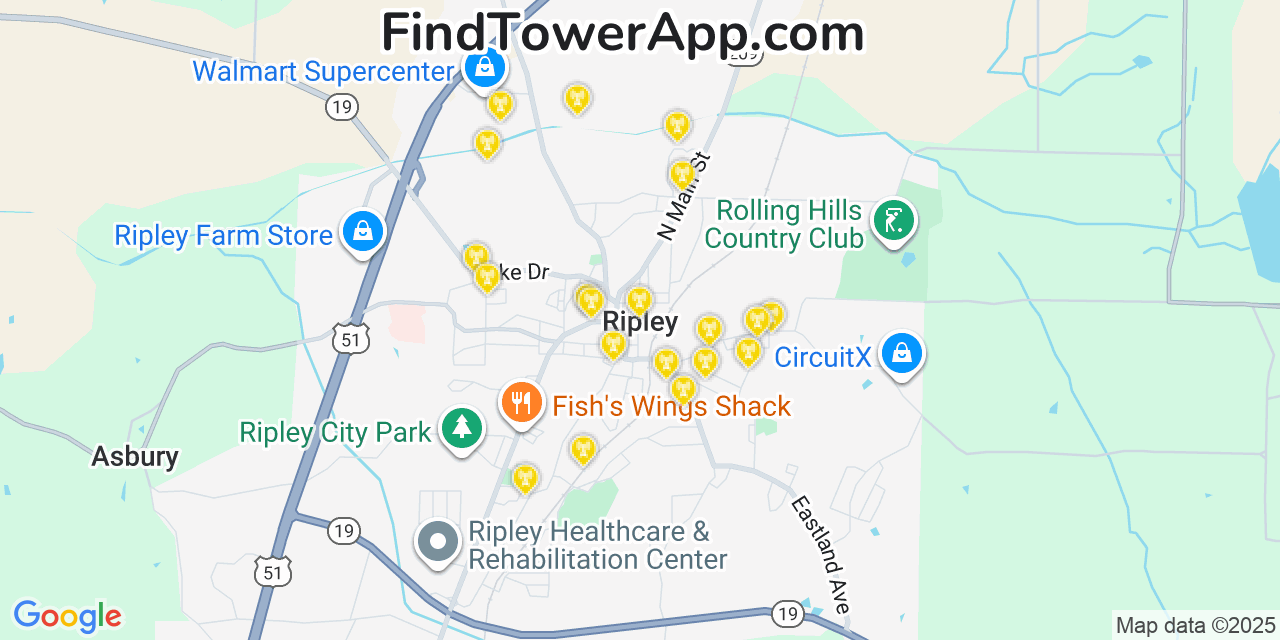 Map showing the 20 primary cell tower locations detected in Ripley, Tennessee from AT&T, Verizon, and T-Mobile networks