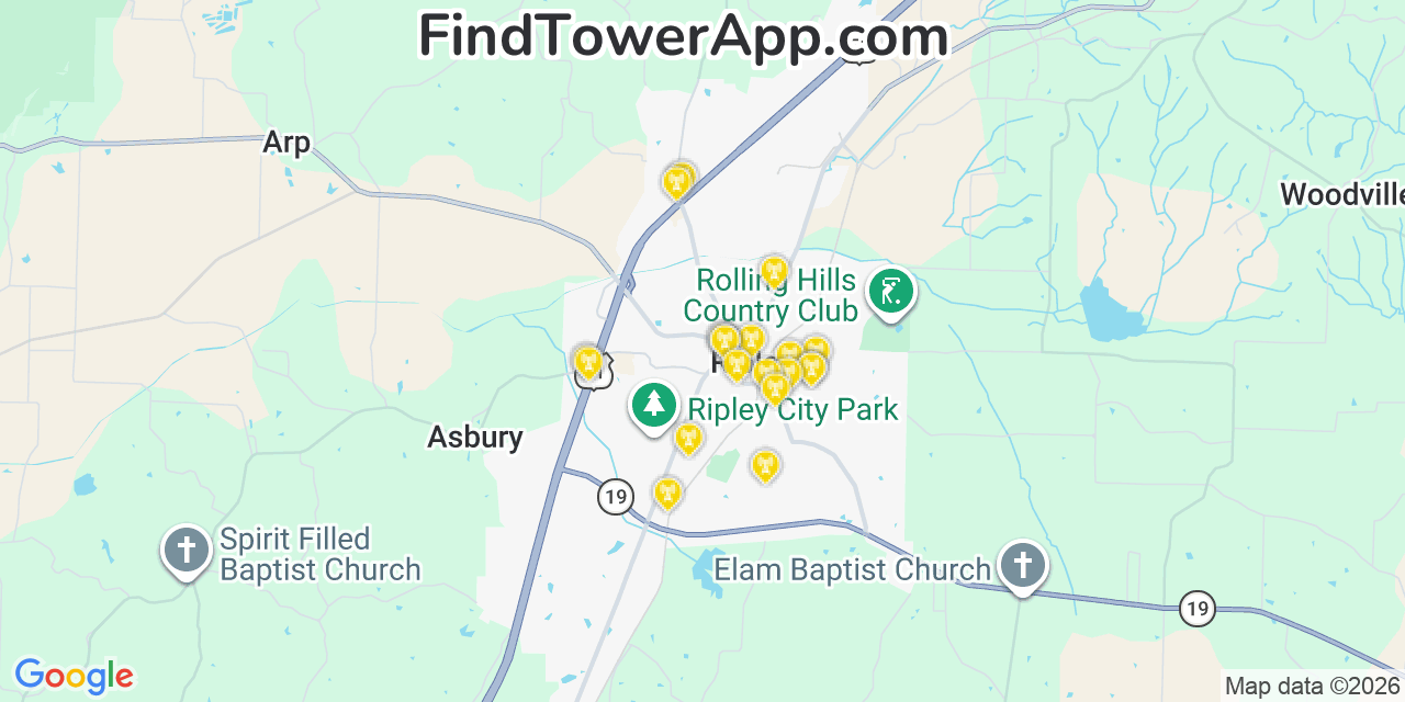 Map showing the 20 primary cell tower locations detected in Ripley, Tennessee from AT&T, Verizon, and T-Mobile networks
