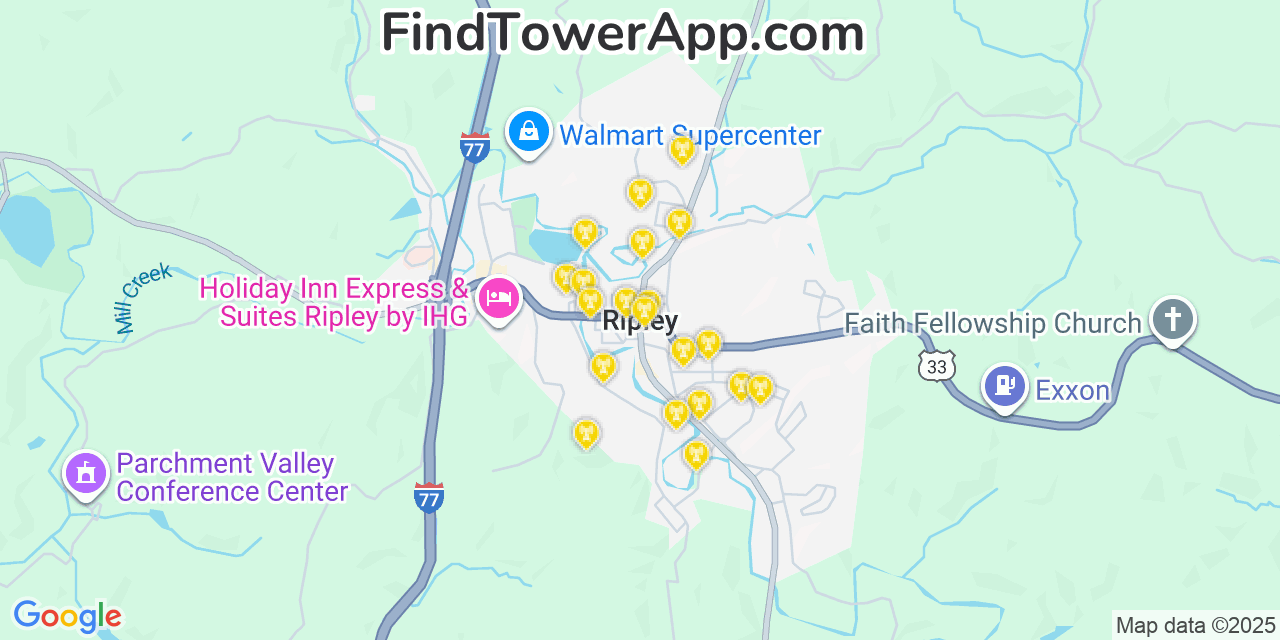 Map showing the 20 primary cell tower locations detected in Ripley, West Virginia from AT&T, Verizon, and T-Mobile networks
