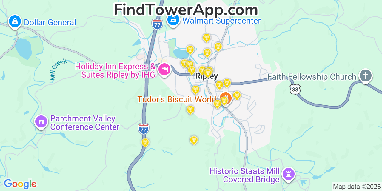 Map showing the 20 primary cell tower locations detected in Ripley, West Virginia from AT&T, Verizon, and T-Mobile networks