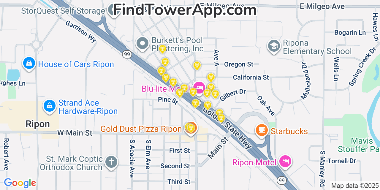 Map showing the 20 primary cell tower locations detected in Ripon, California from AT&T, Verizon, and T-Mobile networks