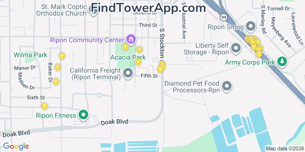 Map showing the 20 primary cell tower locations detected in Ripon, California from AT&T, Verizon, and T-Mobile networks