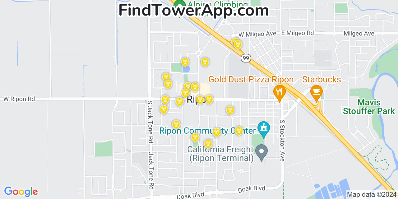 Verizon 4G/5G cell tower coverage map Ripon, California