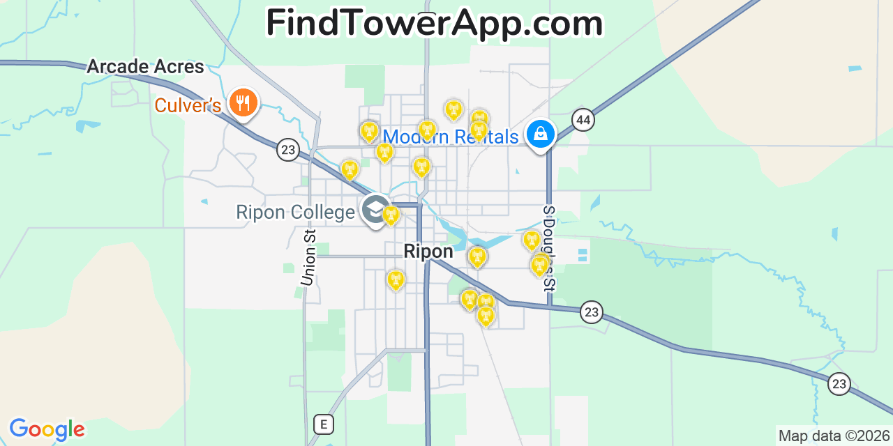 Map showing the 20 primary cell tower locations detected in Ripon, Wisconsin from AT&T, Verizon, and T-Mobile networks