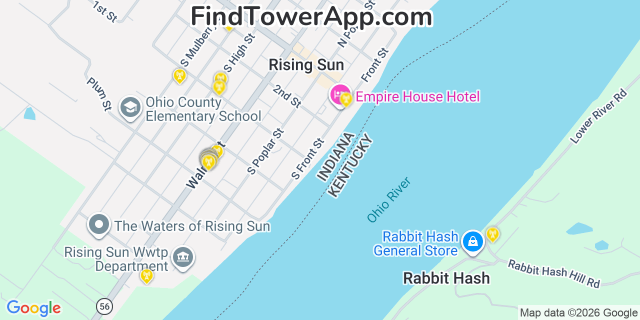 Map showing the 20 primary cell tower locations detected in Rising Sun, Indiana from AT&T, Verizon, and T-Mobile networks