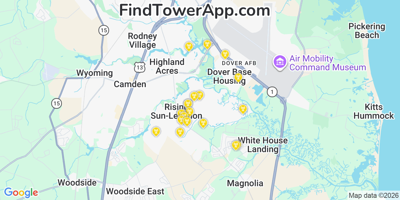 Map showing the 20 primary cell tower locations detected in Rising Sun Lebanon, Delaware from AT&T, Verizon, and T-Mobile networks